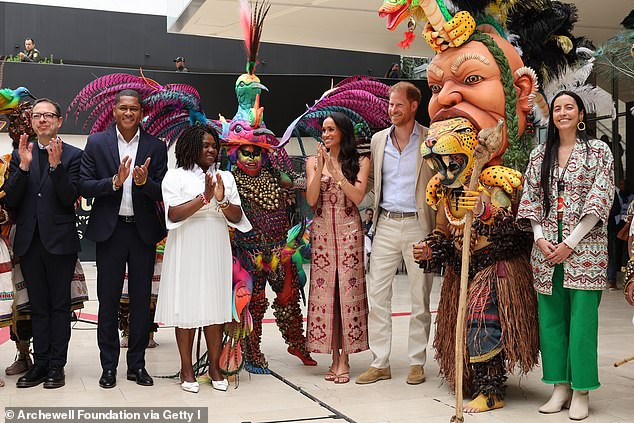 Harry and Meghan at Centro Nacional de las Artes Delia Zapata in Bogota yesterday