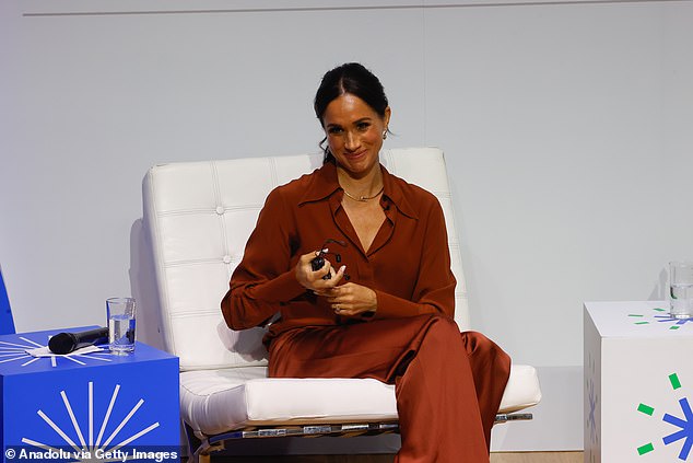 Meghan Markle is pictured during the Responsible Digital Future forum in Bogota yesterday