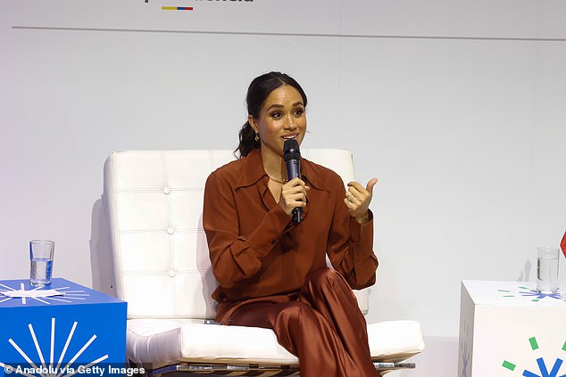 Meghan Markle is pictured during the Responsible Digital Future forum in Bogota yesterday