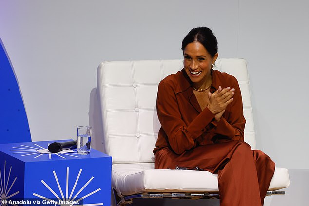 Meghan Markle is pictured during the Responsible Digital Future forum in Bogota yesterday