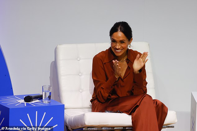 Meghan Markle on stage at the Responsible Digital Future forum in Bogota yesterday