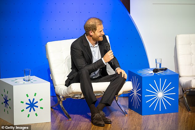 Prince Harry speaks during the Responsible Digital Future forum in Bogota yesterday