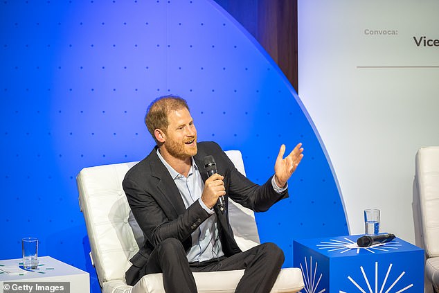 Prince Harry speaks during the Responsible Digital Future forum in Bogota yesterday