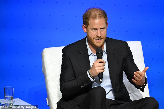 Prince Harry speaks during the Responsible Digital Future forum in Bogota yesterday