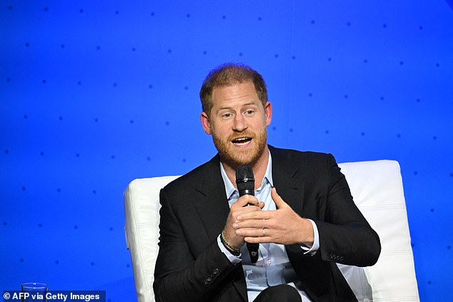 Prince Harry speaks during the Responsible Digital Future forum in Bogota yesterday