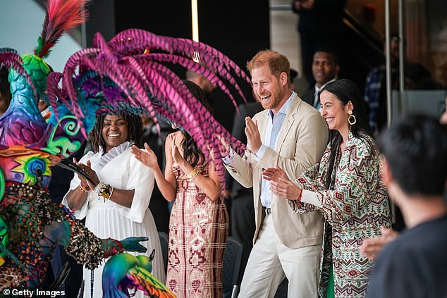 Harry and Meghan watch dancers at Centro Nacional de las Artes Delia Zapata yesterday