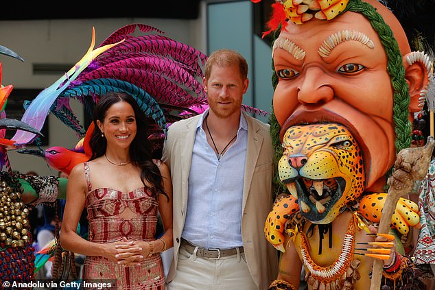 Harry and Meghan pose for a photo at Centro Nacional de las Artes Delia Zapata yesterday