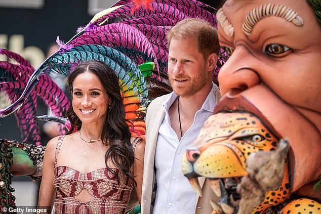 Prince Harry and Meghan at Centro Nacional de las Artes Delia Zapata in Bogota yesterday