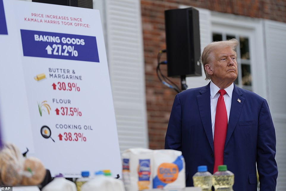 He stuck close to his script at times, reeling off inflation statistics. 'Electricity prices are up 32 percent,' he said. 'Gasoline prices are up 50 percent and going higher. Meanwhile, real incomes are down by over $2,000 a year.' At times his supporters, corralled by the side of the live cameras, whooped and cheered. They arrived as if it was just another cocktail-hour mingle on the Bedminster scene. Staff whisked them around on golf buggies. Full-lipped ladies in party frocks rubbed shoulders with polo-shirted golfers and a Greek Orthodox priest whose gold chain outgleamed anything worn by the women. The ninth hole on the old course provided a backdrop to the whole surreal scene, and (at least in the eyes of his supporters) did nothing to undermine Trump's positioning as a man of the people. His plan, he said, was simple. He would open up gas and oil production ('We will drill, baby, drill' in his words), driving energy prices down and bringing with them the cost of the weekly shop. He offered no numbers to support the scheme.