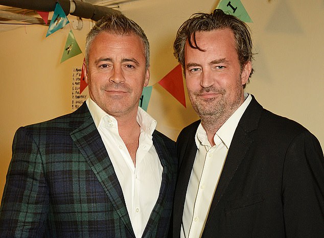 Perry (right) is seen alongside Friends co-star Matt Le Blanc backstage following a performance of the play The End Of Longing at London's Playhouse Theatre in April 2016