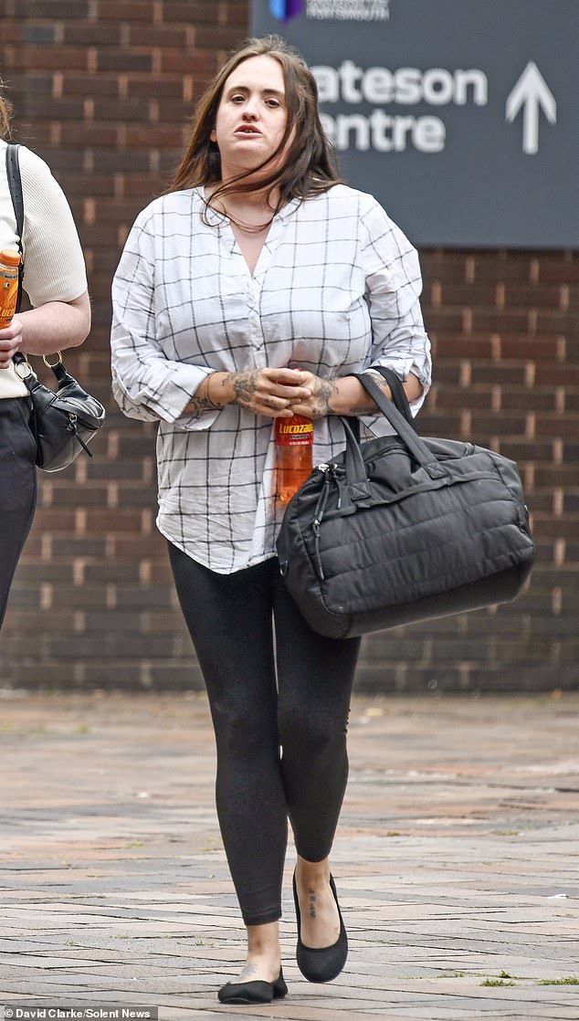 Harris' (pictured outside of Portsmouth Crown Court) mobile phone was seized by police and a 'thread of messages' between her and one of the boys was found - who she had saved in her contacts as Rachel