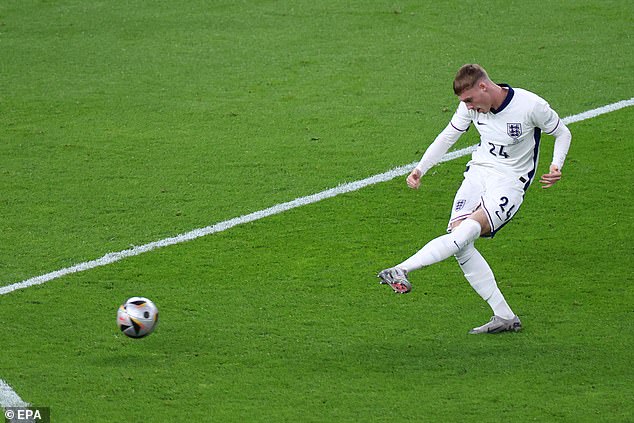 Cole Palmer pictured scoring for England against Spain in the final of Euro 2024 in Germany