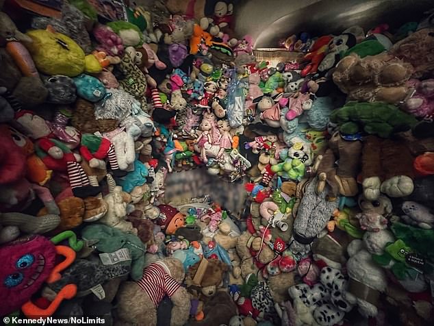 Footage filmed by the duo showed them stepping over cuddly toys just to get into the bungalow, before panning to a room with walls entirely covered by soft toys in all shapes and sizes