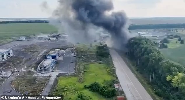 Buildings in Russia's Kursk region are seen heavily damaged and trailing smoke amid Ukrainian strikes