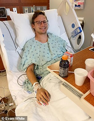 Evan White is pictured above with his fiancée Katie Briggs and their dog Lola. The pair had started dating when Evan had cancer and got engaged when his condition stabilized. However, he passed away after four years fighting the disease at age 29