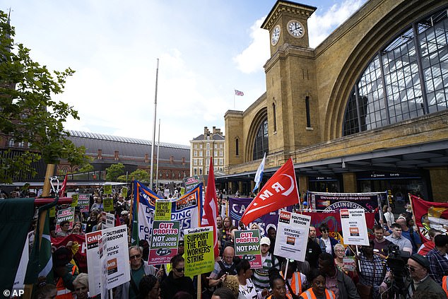 A rally during RMT industrial action outside London King's Cross station on June 25, 2022