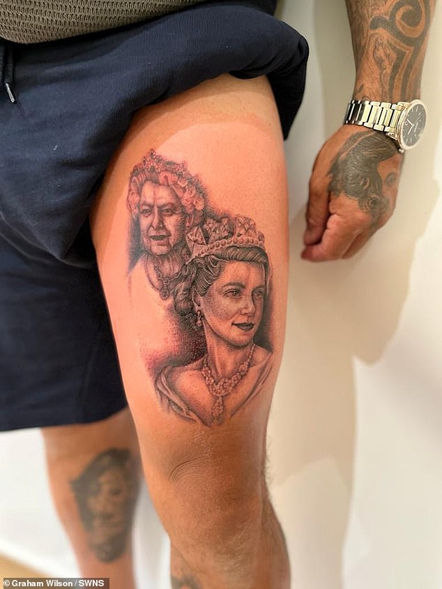 Graham Wilson, a 54-year-old construction worker, honoured the Queen's memory by spending £1,400 having his left thigh tattooed with two images of the Queen, one at her Coronation and the other in old age