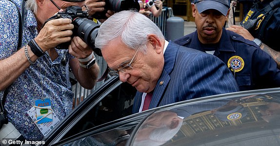 FILE - JULY 23, 2024: It was reported that U.S. Sen. Robert Menedez (D-NJ) will resign in August, after pressure from fellow Democrats following his conviction of corruption, July 23, 2024. NEW YORK, NEW YORK - JULY 16: U.S. Sen. Bob Menendez (D-NJ) exits Manhattan federal court on July 16, 2024 in New York City. Menendez and his wife Nadine are accused of taking bribes of gold bars, a luxury car, and cash in exchange for using Menendez's position to help the government of Egypt and other corrupt acts according to an indictment from the Southern District of New York. The jury found Menendez guilty on all counts. (Photo by Adam Gray/Getty Images)