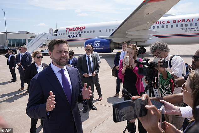 JD Vance is using a chartered 737, nicknamed Trump Force Two, to travel between events. He is seen here in Wisconsin talking to reporters last week