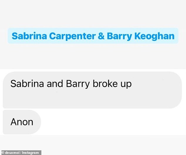 Taking to her Instagram, anonymous 'Gossip Girl' DeuxMoi shared a message sent to her which read: 'Sabrina and Barry broke up'