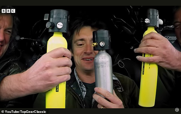 It features a moment in which the trio inhale pure oxygen from cylinders as their van sinks into the River Avon