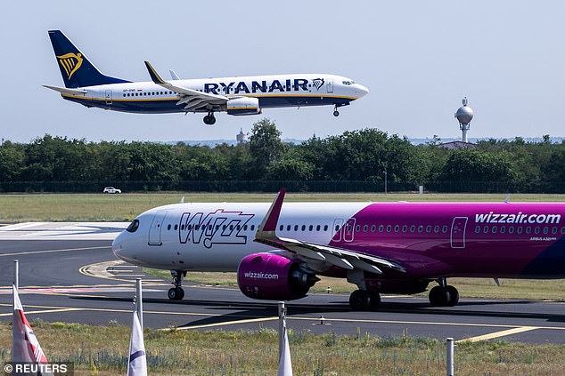 Ryanair and Wizz Air aircraft are seen at Ferenc Liszt International Airport in Budapest