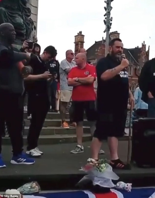 Mr Francis is pictured in his 'Stop the Boats' t-shirt during the rally in Victoria Square, Hull on August 3. He has claimed his protest had been planned for 'about three weeks' and aimed to focus on 'illegal immigration'