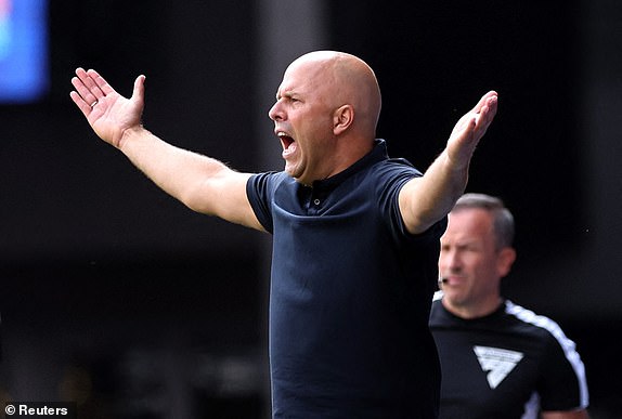 Soccer Football - Premier League - Ipswich Town v Liverpool - Portman Road, Ipswich, Britain - August 17, 2024 Liverpool manager Arne Slot reacts REUTERS/David Klein EDITORIAL USE ONLY. NO USE WITH UNAUTHORIZED AUDIO, VIDEO, DATA, FIXTURE LISTS, CLUB/LEAGUE LOGOS OR 'LIVE' SERVICES. ONLINE IN-MATCH USE LIMITED TO 120 IMAGES, NO VIDEO EMULATION. NO USE IN BETTING, GAMES OR SINGLE CLUB/LEAGUE/PLAYER PUBLICATIONS. PLEASE CONTACT YOUR ACCOUNT REPRESENTATIVE FOR FURTHER DETAILS..