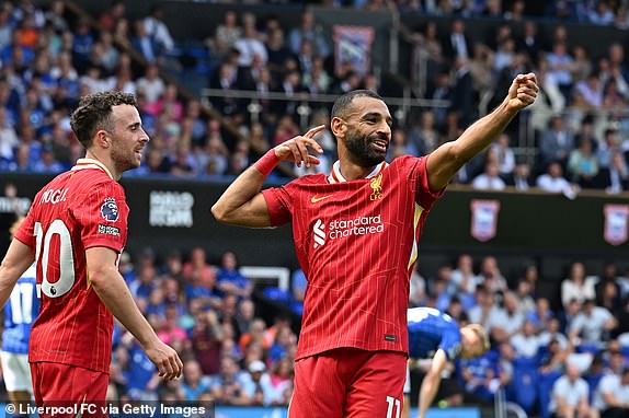 IPSWICH, ENGLAND - AUGUST 17: (THE SUN OUT, THE SUN ON SUNDAY OUT) Mohamed Salah of Liverpool celebrating after scoring the second goal during the Premier League match between Ipswich Town FC and Liverpool FC at Portman Road on August 17, 2024 in Ipswich, England. (Photo by John Powell/Liverpool FC via Getty Images)