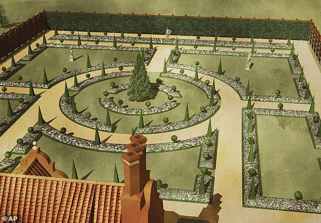 A preliminary rendering of the reconstructed garden shows topiaries trimmed into balls and pyramids in the garden