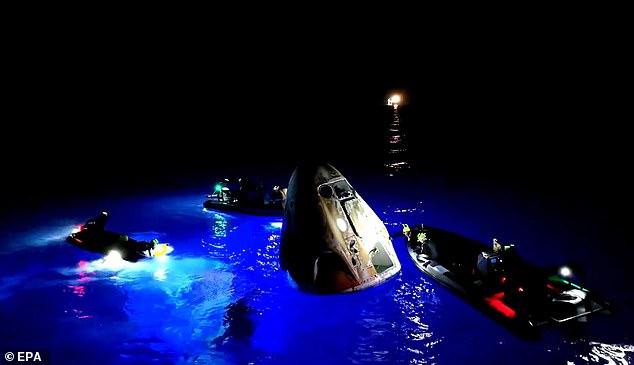 The space capsule floating in the Gulf of Mexico near Florida's Dry Tortugas upon returning to Earth