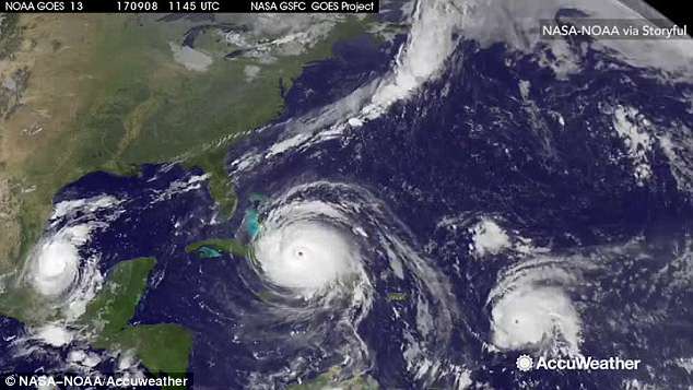 The three powerful hurricanes that devastated shores in 2017, Harvey, Irma and Maria, pictured above, in the Atlantic Basic via satellite taken September 8, 2017