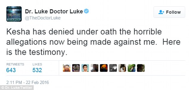 'Kesha has denied under oath the horrible allegations': Meanwhile, the four-time Grammy-nominated producer denied all of her allegations via his Twitter page Monday