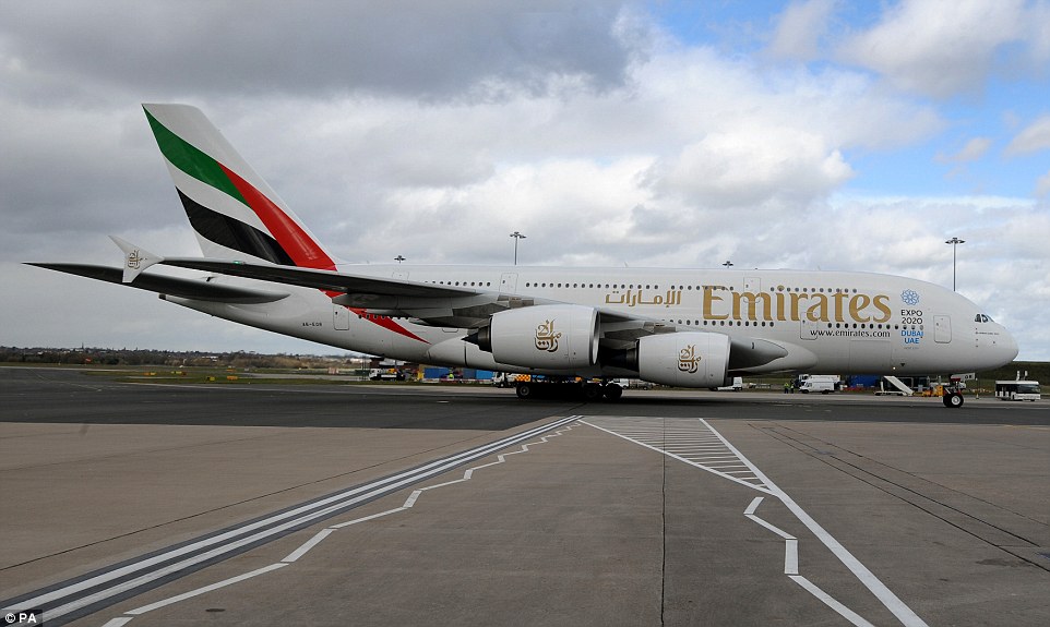 As the plane came in to land, watched by a crowd of several hundred onlookers, Emirates Airlines tweeted: 'Doesn't she look great?'