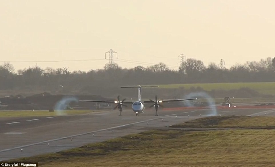 Above, the vortex from the propellers of the plane can clearly be seen as a wave rather than the tighter ones seen on jet planes