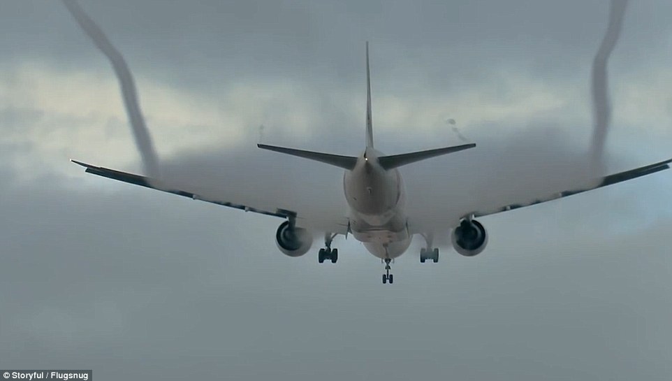 Although this looks alarming, it's in fact just wake turbulence, a natural phenomenon that happens as the plane moves through the air