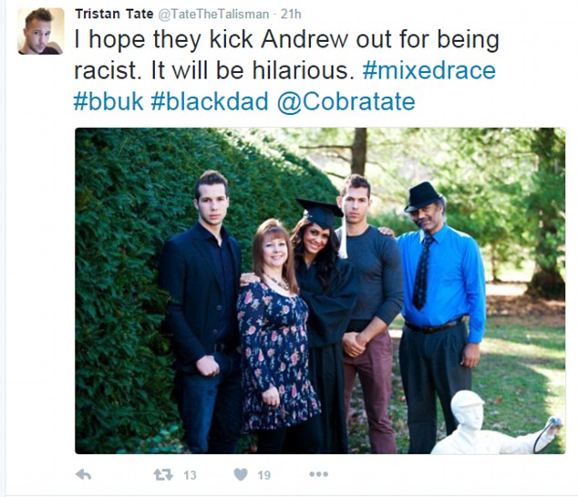 Defence: Andrew's brother Tristan meanwhile has defended him on Twitter, sharing a family photo showing the siblings posing with their late father and UK-born mother