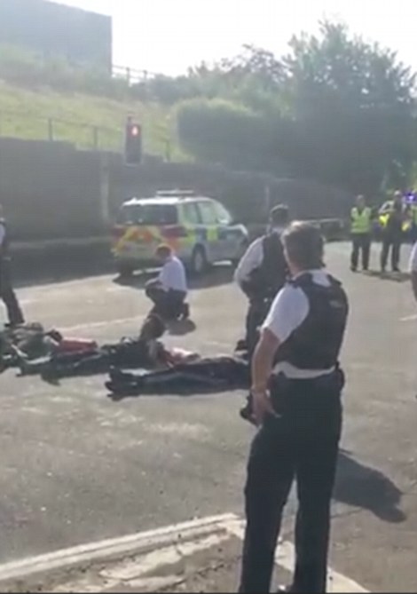 Police officers moved in on the road to Heathrow after demonstrators locked their hands together inside boxes