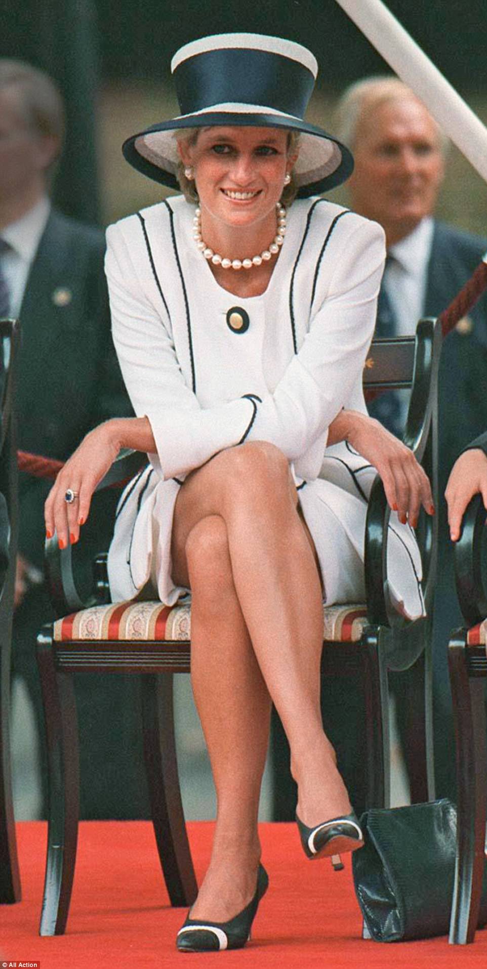 Daring to bare: Diana goes tights-free at an official engagement in 1995. The first time Diana was seen tights-free was on the school run in 1989 and as her hemlines rose above the knee her bare legs were just part of her style