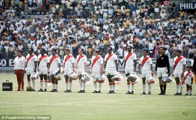 Peru players wearing their trademark sash kit line up before their clash with Brazil in Mexico