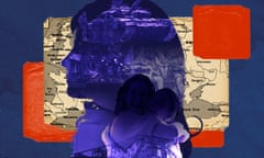 Illustrative graphic showing silhouette of a young woman's face with a tank, soldiers and a mother and daughter embracing within