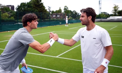 Jack Draper and Cameron Norrie practising at the All England Lawn Tennis and Croquet Club on 27 June