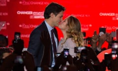 TOPSHOTS
Canadian Liberal Party leader Justin Trudeau kisses his wife Sophie as they arrive on stage in Montreal on October 20, 2015 after winning the general elections.    AFP PHOTO/NICHOLAS KAMMNICHOLAS KAMM/AFP/Getty Images