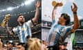 TOPSHOT-COMBO-FBL-WC-2022-MATCH64-ARG-MARADONA-MESSI<br>TOPSHOT - (COMBO) This combination of pictures created on December 18, 2022 shows Argentina's forward Lionel Messi (L) holding the World Cup trophy after beating France during the Qatar 2022 World Cup final football match at Lusail Stadium in Lusail, north of Doha on December 18, 2022 and Argentina's captain Diego Armando Maradona (R) holding the World Cup  trophy won by his team after a 3-2 victory over West Germany on June 29, 1986 at the Azteca Stadium in Mexico City. (Photo by Anne-Christine POUJOULAT / AFP) (Photo by ANNE-CHRISTINE POUJOULAT/AFP via Getty Images)