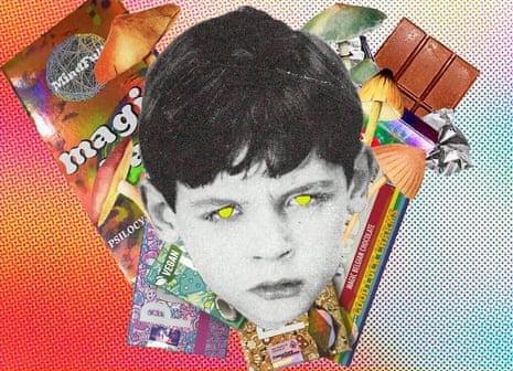 illustratin oof kid's face over mushroom candy bars