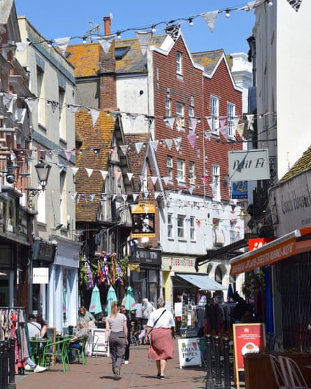 An old, narrow and picturesque shopping street in Hastings