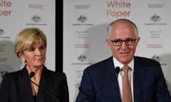 Australian prime minister Malcolm Turnbull (right) and Australian minister for foreign affairs Julie Bishop speak to the media after the official launch of the 2017 foreign policy white paper at the department of foreign affairs and trade (DFAT) in Canberra, 23 November 23, 2017.