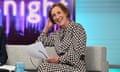 Kirsty Wark on Newsnight sofa in a black and white dress