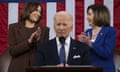 FILE - President Joe Biden delivers his first State of the Union address to a joint session of Congress at the Capitol, as Vice President Kamala Harris and House Speaker Nancy Pelosi of Calif., watch, March 1, 2022, in Washington. (Saul Loeb/Pool via AP, File)