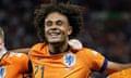 Joshua Zirkzee celebrates the Netherlands’ victory on his international debut against Turkey in Saturday’s Euro 2024 quarter-final